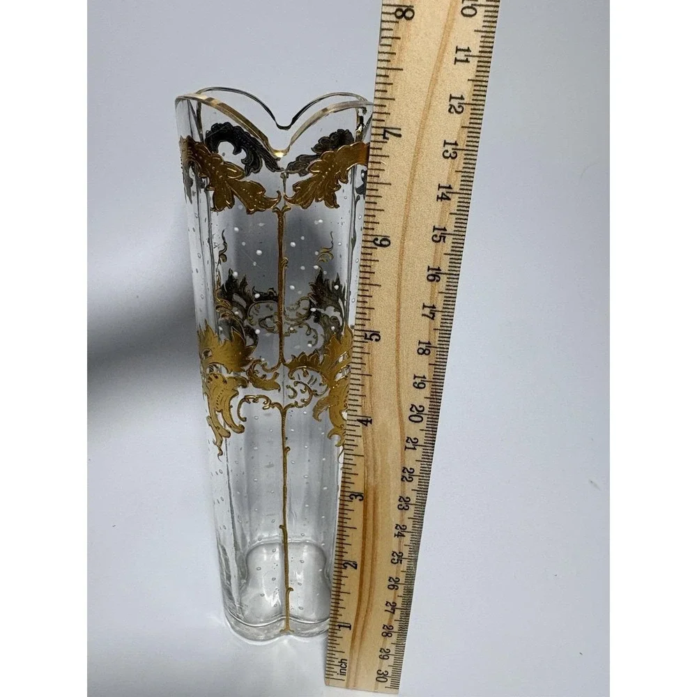 Antique Bohemian Art Glass Vase Raised Gold Gilt Enamel Quatrefoil Bubbles 7 In